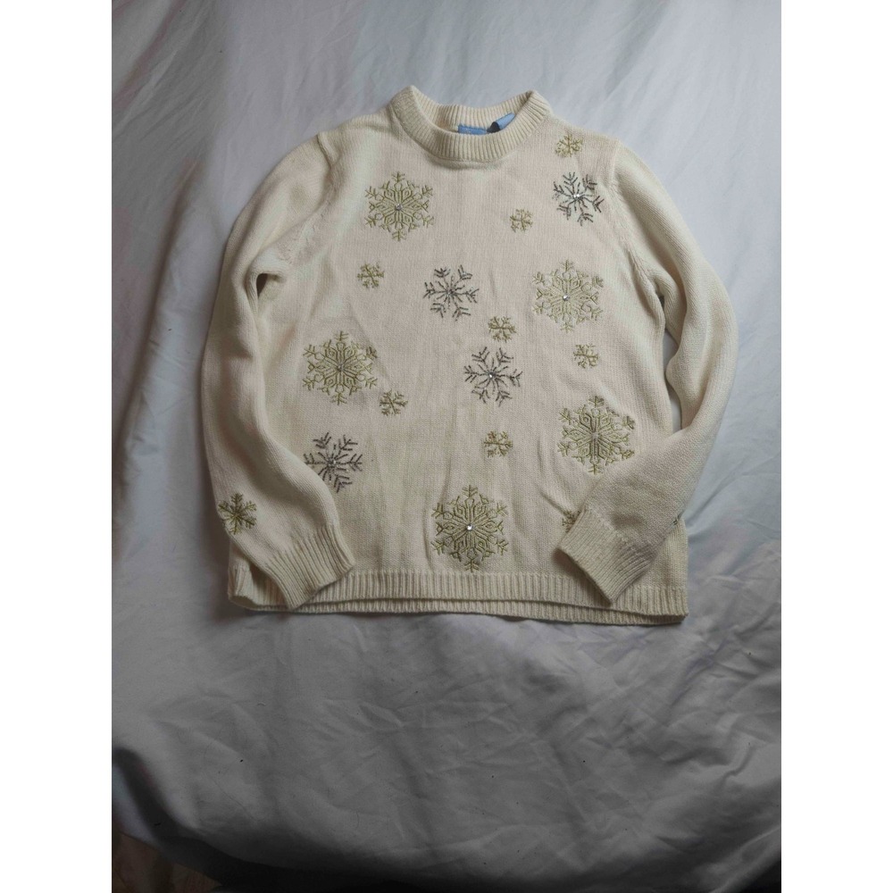 Holiday Editions Sweater Womens Medium White Silver Gold Snowflake Embroidered